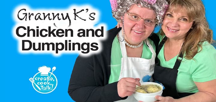 Two women smile, one holding a bowl of chicken and dumplings.