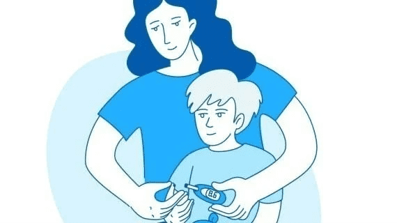 Woman helping a boy use a glucose meter.