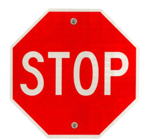 Octagonal red stop sign with white lettering.