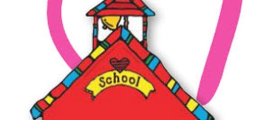 Red schoolhouse with a bell in the steeple and a banner that says "School.