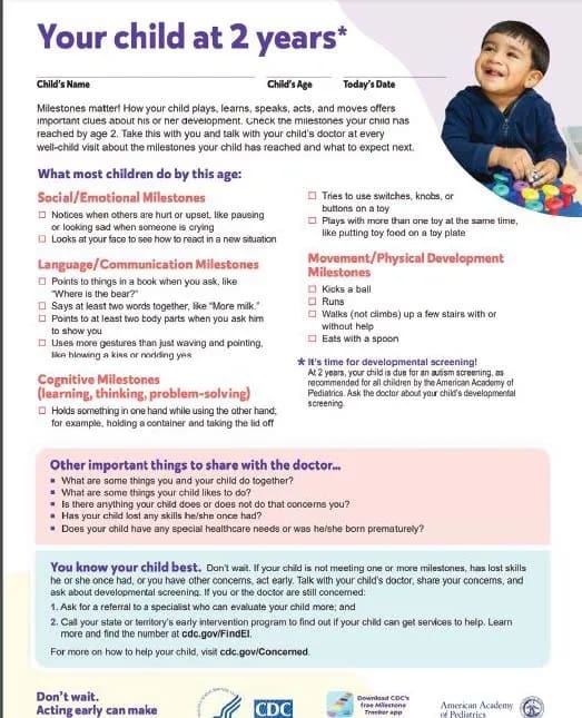 CDC developmental milestones checklist with a child in the upper right corner.