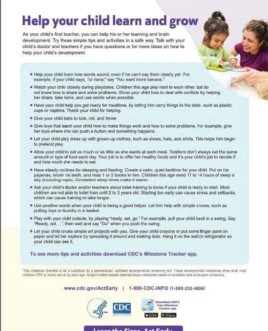 CDC developmental milestones checklist with tips for parents to help their child learn and grow.