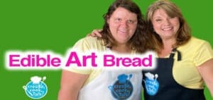Two women in aprons and t-shirts with "Edible Art Bread" text overlayed on a green background.