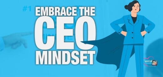 Embrace the CEO mindset graphic with a woman in a blue suit and cape