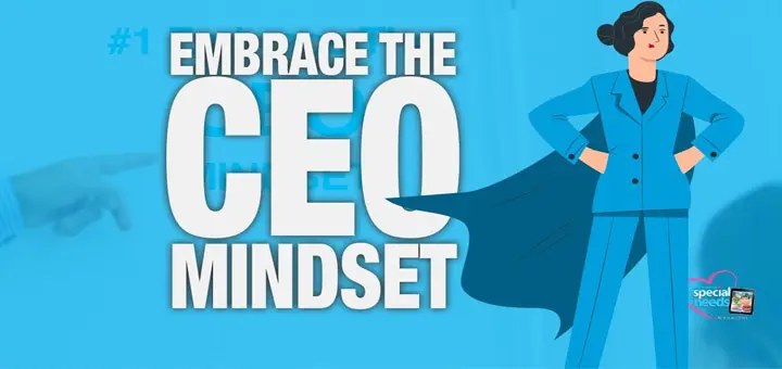 Embrace the CEO mindset graphic with a woman in a blue suit and cape