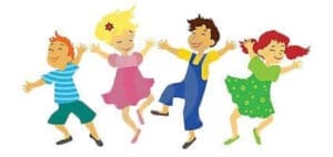 Four children with arms outstretched are dancing joyfully.