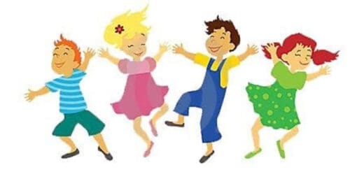 Four children with arms outstretched are dancing joyfully.