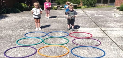 Children playing an outdoor game with hoops on the ground.