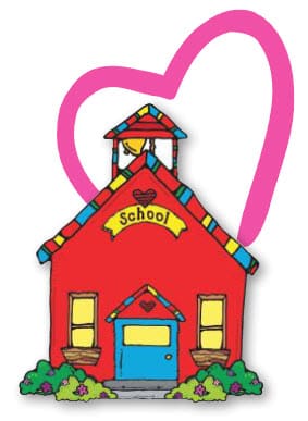 A red schoolhouse with a yellow banner reading "School" and a pink heart shape behind it.