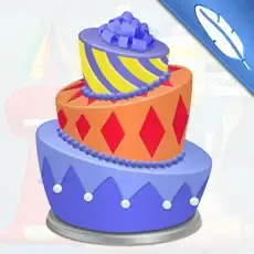 A three-tiered cake with blue, orange, and yellow frosting decorated with diamonds and stripes.