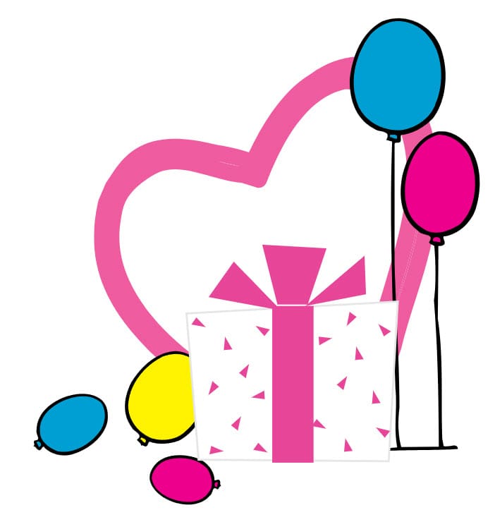 A pink heart behind a gift box with a pink ribbon, surrounded by pink, yellow, and blue balloons.