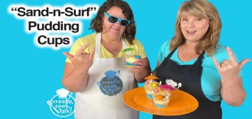 Two women present "Sand-n-Surf" pudding cups.