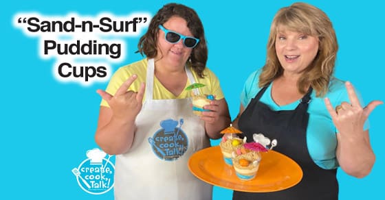 Two women present "Sand-n-Surf" pudding cups.