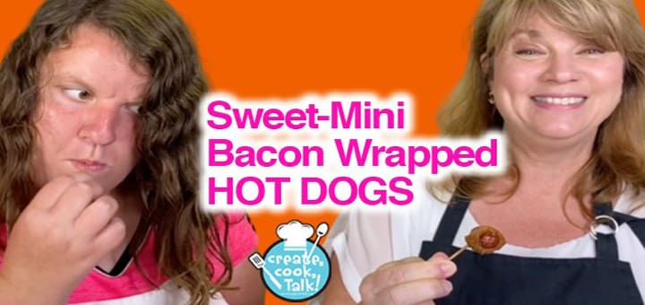 Sweet-Mini Bacon Wrapped Hot Dogs with two people, one smiling and holding a hot dog.