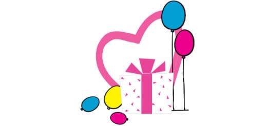Pink heart over a gift box with balloons