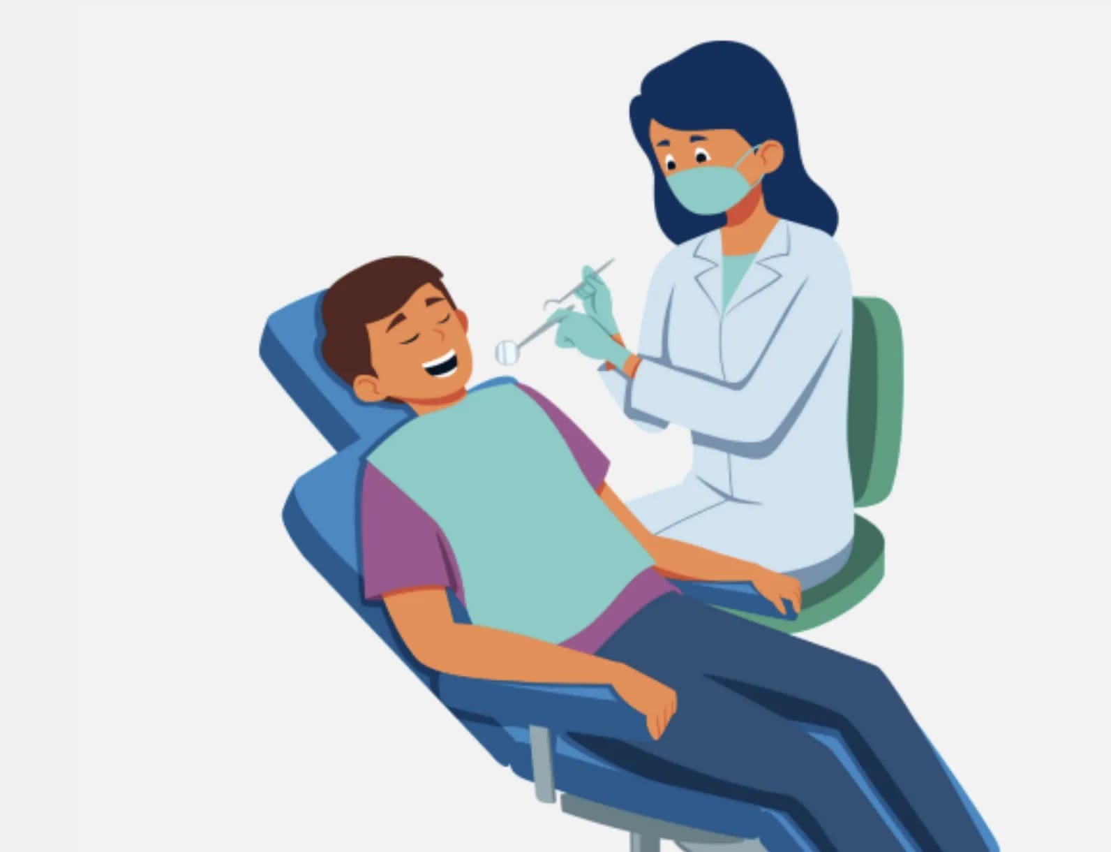 A dentist examines a patient lying in a dental chair.