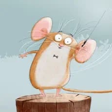 A cartoon mouse stands on a tree stump with big, expressive eyes and ears.