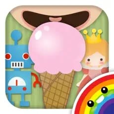 Bamba Ice-Cream app icon featuring a pink ice cream cone, a robot, and a princess.