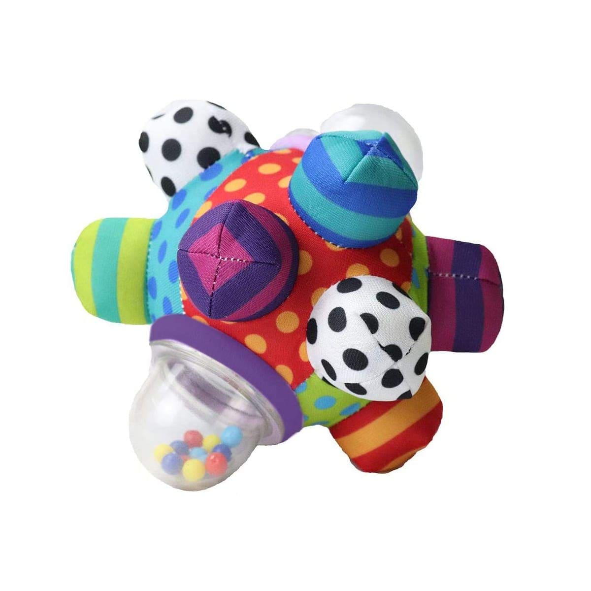 A colorful, multi-textured baby toy with various bumps, stripes, and a clear section with rattling beads.