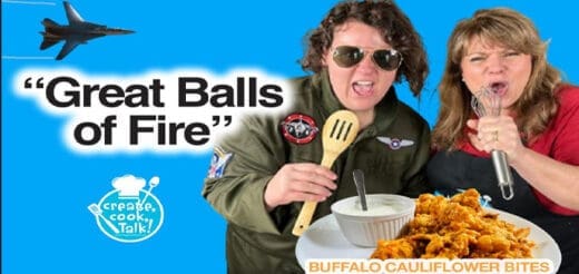 Two women in flight suits with "Great Balls of Fire" text and buffalo cauliflower bites.