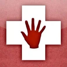 Red handprint superimposed on a white cross.