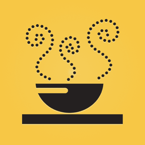 A black icon of a bowl with steam rising above it on a yellow background.