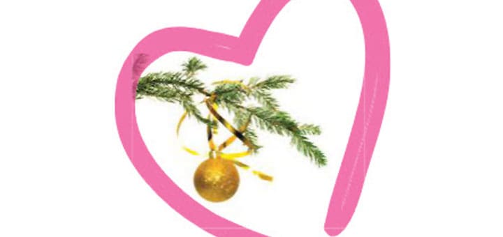 A pink heart outlines a Christmas tree branch with a gold ornament.