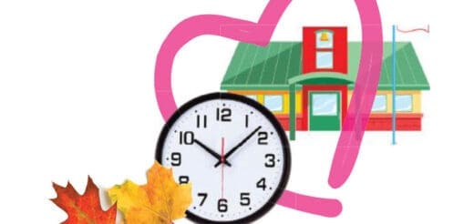 Clock with autumn leaves and school building framed by a heart