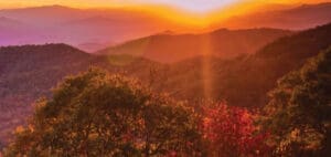 Sunset over layered mountains in the Great Smoky Mountains.