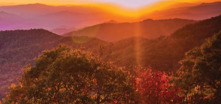 Sunset over layered mountains in the Great Smoky Mountains.