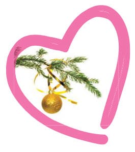 A gold ornament hangs from a pine branch inside a pink heart outline.