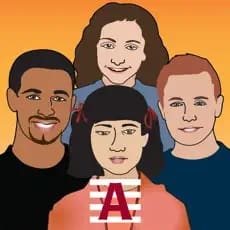 Four cartoon people are shown smiling with the letter A prominently displayed on the shirt of the person in front.