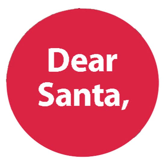 Red circle with "Dear Santa," in white text.