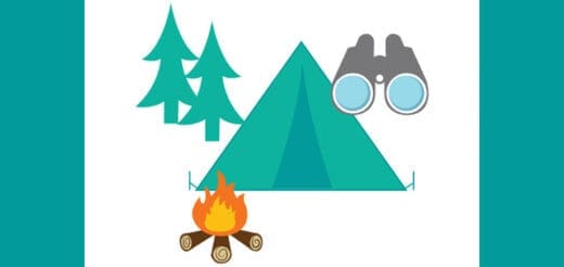 Camping scene with a tent, campfire, pine trees, and binoculars.