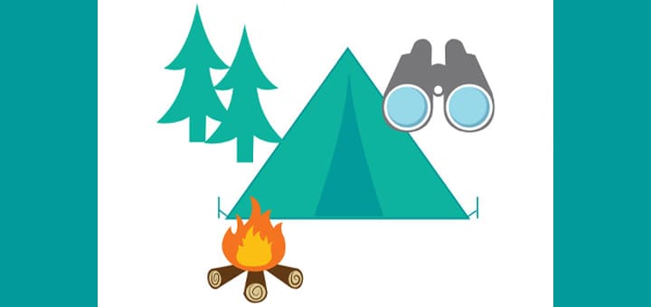 Camping scene with a tent, campfire, pine trees, and binoculars.
