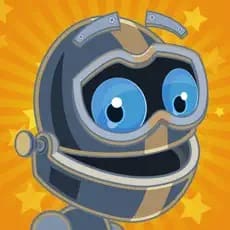 Cartoon robot with large blue eyes and a wide smile