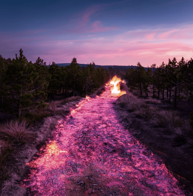 A dirt path through a forest is ablaze with pink and orange flames under a twilight sky.