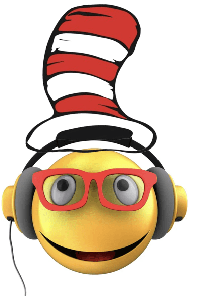 Yellow smiley face wearing a striped hat, headphones, and red glasses.