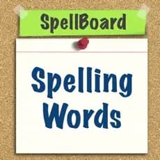 SpellBoard app title with "Spelling Words" written on paper