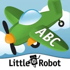 A green cartoon airplane with "ABC" on its wing flies in a sky with clouds.