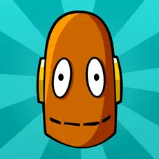 BrainPOP logo featuring an orange robot head with wide eyes and a stitched mouth against a teal background with radiating lines.