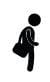 A black stick figure of a person with a bag over their shoulder walks to the left.