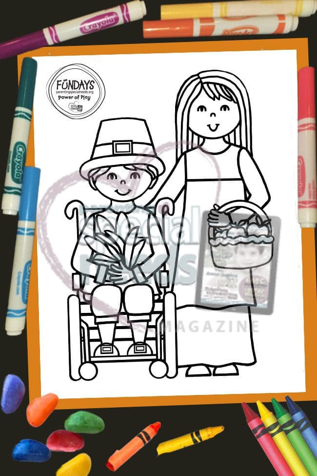 Coloring page with a boy in a wheelchair and a girl, surrounded by art supplies.