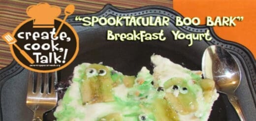 Spooktacular Boo Bark" Breakfast Yogurt with green decorations