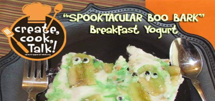 Spooktacular Boo Bark" Breakfast Yogurt with green decorations