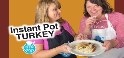 Two women present a plate of food with text "Instant Pot TURKEY" on the left.