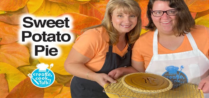 Two women holding a sweet potato pie with text "Sweet Potato Pie.