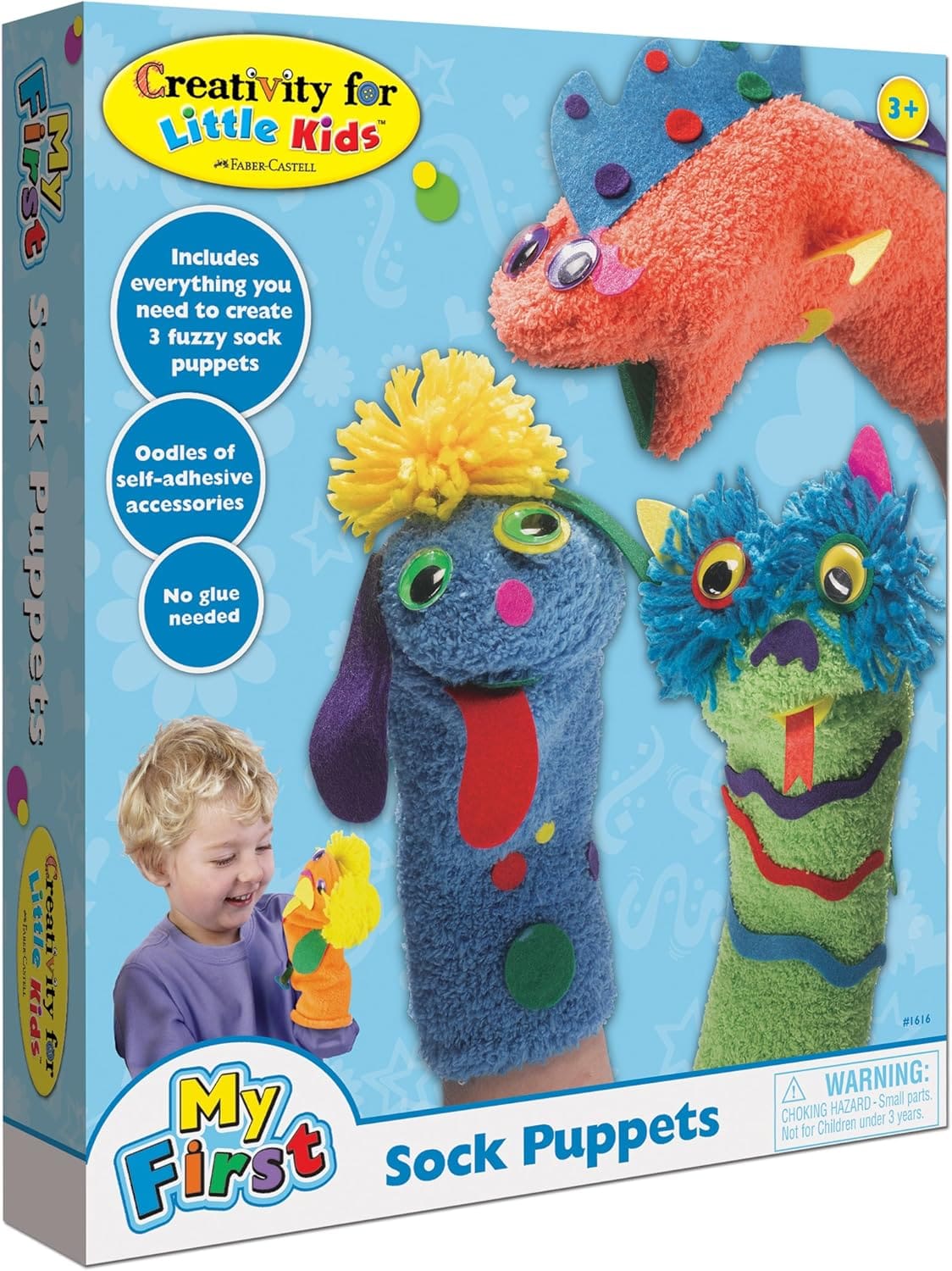 Creativity for Kids My First Sock Puppets box featuring three finished puppets and a child playing with a puppet.