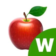 Red apple with a green leaf and stem.