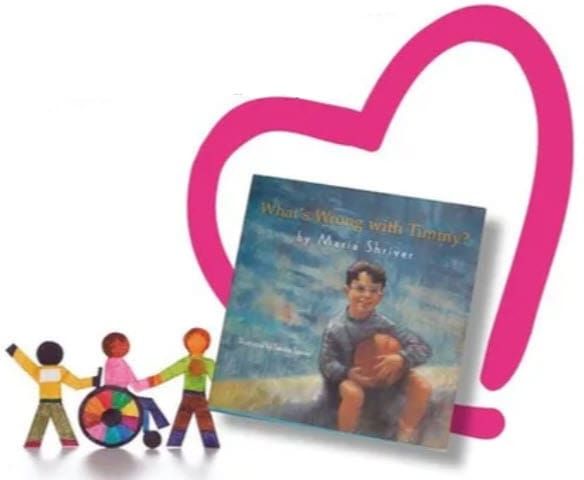 Book cover with a boy holding a book, surrounded by figures of people and a large pink heart.